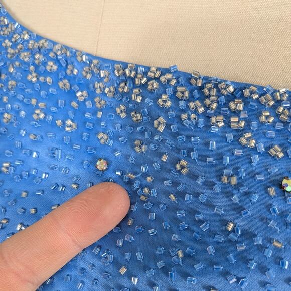 Vintage Prom Dress Maxi Gown 10 Blue Y2K Bead Tulle Shoulder Ball Cinderella - Picture 13 of 16